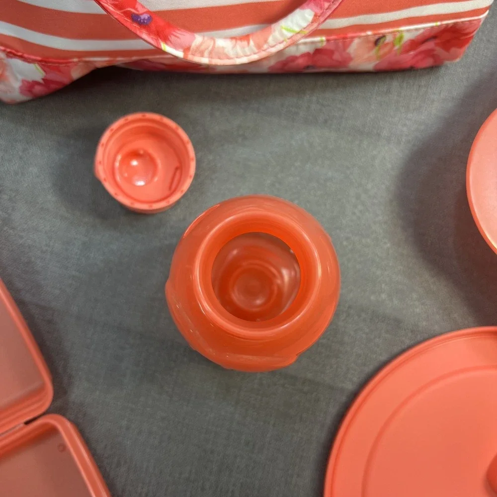 Tupperware Peach/Pink Floral Lunch Insulated Tote Bag with Soup Sandwich & Cup